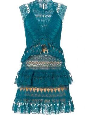 Self-Portrait Teardrop Guipure Tiered Lace Turquoise Teal BOHO Embroidery Dress